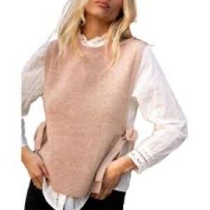High neck tan side tie knit vest sweater